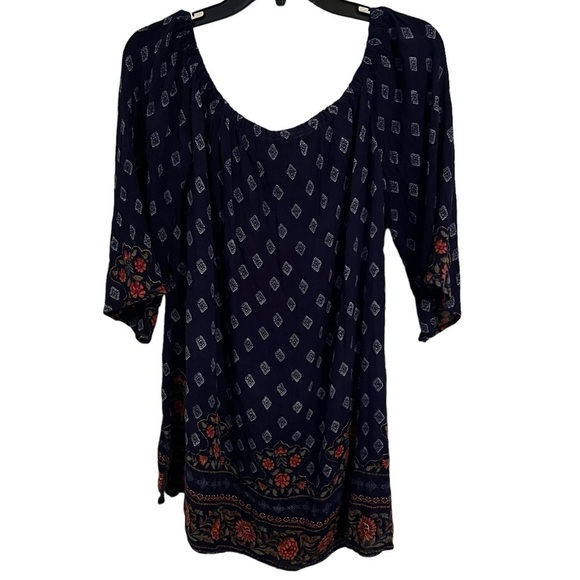 Lapogee XL Navy Blue Flowy Bohemian Off the Shoulder Tunic Blouse - Picture 1 of 4